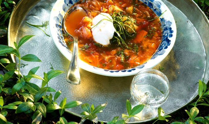 Щи из молодой капусты с побегами чеснока