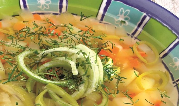 Рассольник постный с луком-пореем