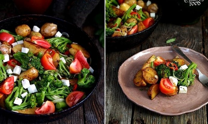 Картофельный салат с брокколи, томатами и сыром фета