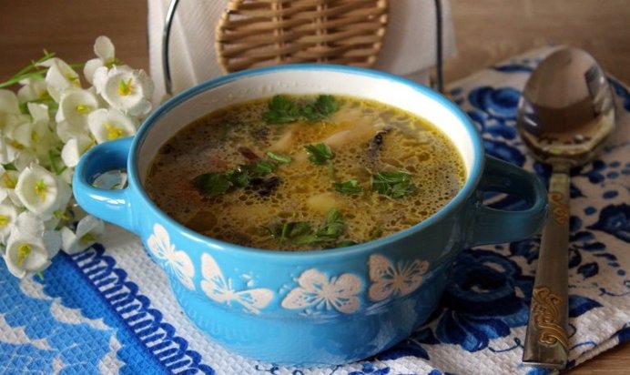 Суп с шампиньонами и фарфалле на курином бульоне