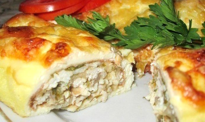 Яичные блинчики с курицей и грибами