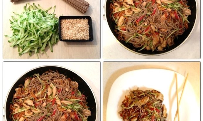 Гречневая лапша по‑японски с курицей и овощами