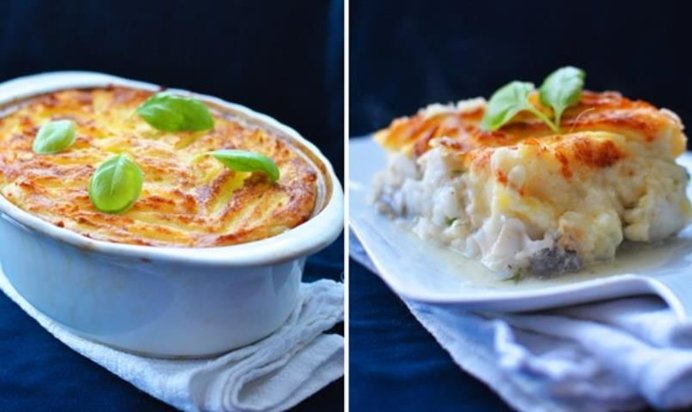 Запеканка из рыбы под молочным соусом и картофельной шубой