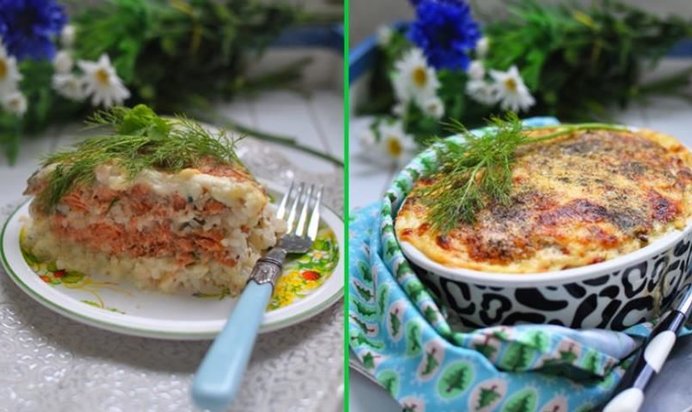 Запеканка из лосося с рисом под бешамелем и сыром