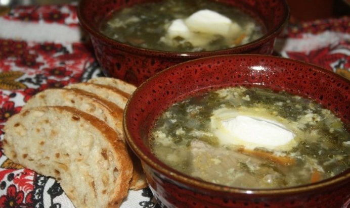 Зеленый борщ со щавелем и виноградными листьями