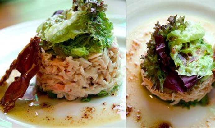 Салат из авокадо и крабового мяса под кедровым соусом с гренкой из хамона