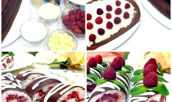 Шоколадные блинчики с кокосово-рисовым кремом и малиной