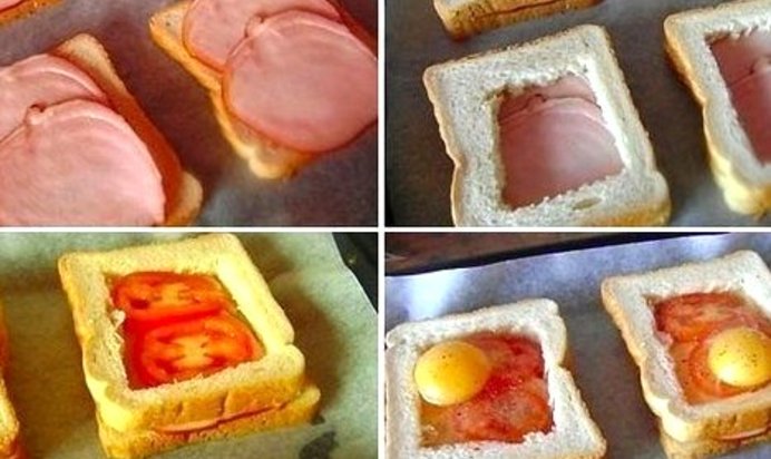 Запеченные бутерброды с ветчиной, помидорами и яйцами