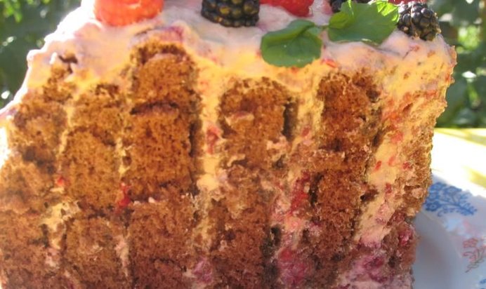 Шоколадный спиральный торт с малиной и ежевикой