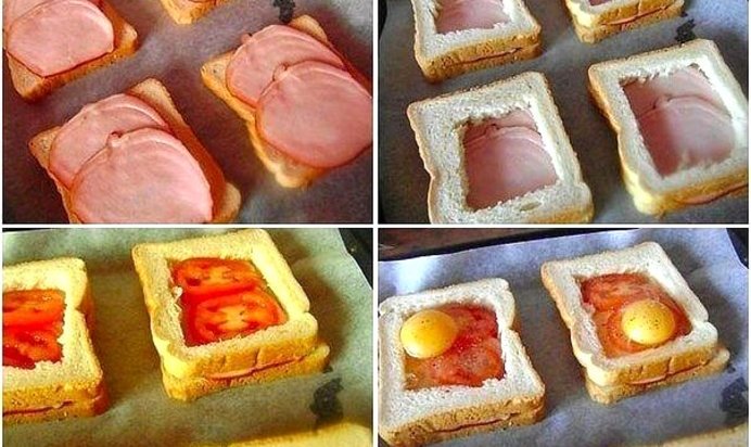 Печеные бутерброды с ветчиной, помидорами и яйцами