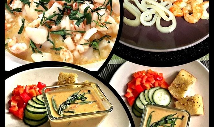 Морепродукты в сырно-сливочном соусе с чесночными гренками