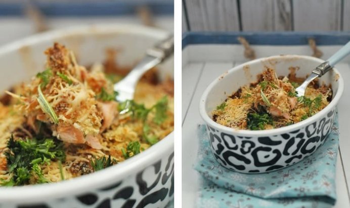 Сырная запеканка с лососем под хлебной крошкой