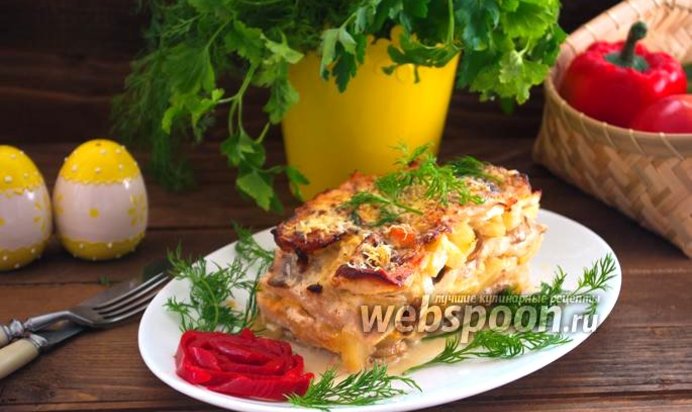 Мясной торт с ананасами и грибами