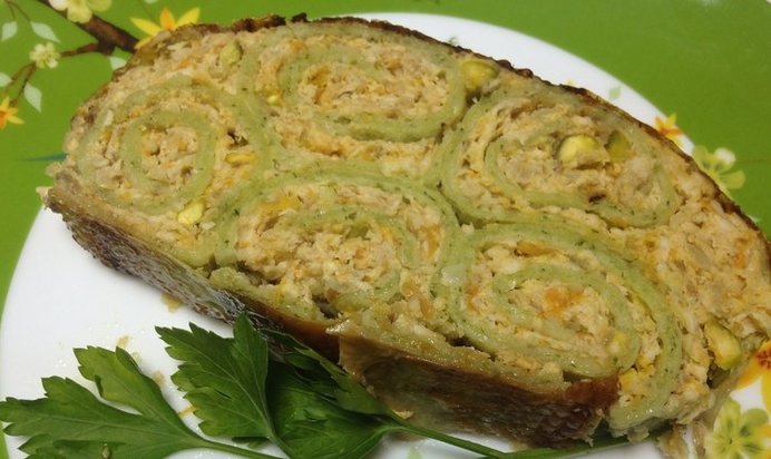 Курица, фаршированная блинами