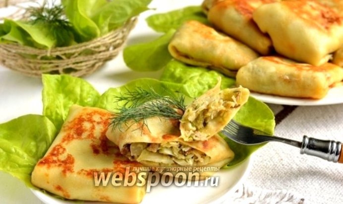 Блины с начинкой из молодой капусты, яиц и белых грибов