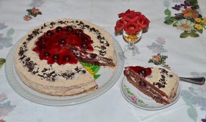 Шоколадный торт с вишней и сметанным кремом
