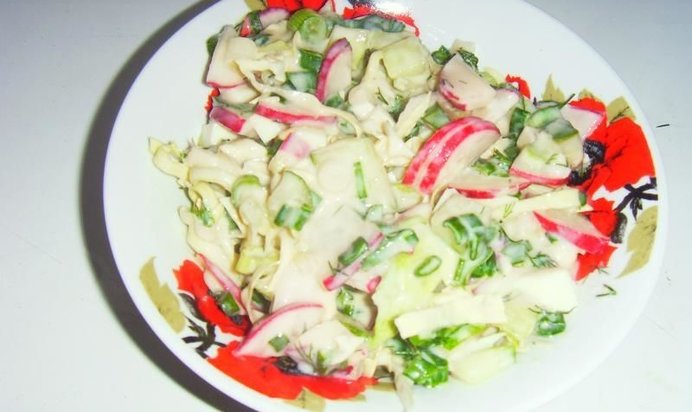 Легкий салат с йогуртом зеленым луком и яйцом