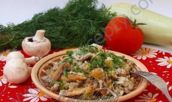 Перловка на гарнир с кабачками, грибами, курицей